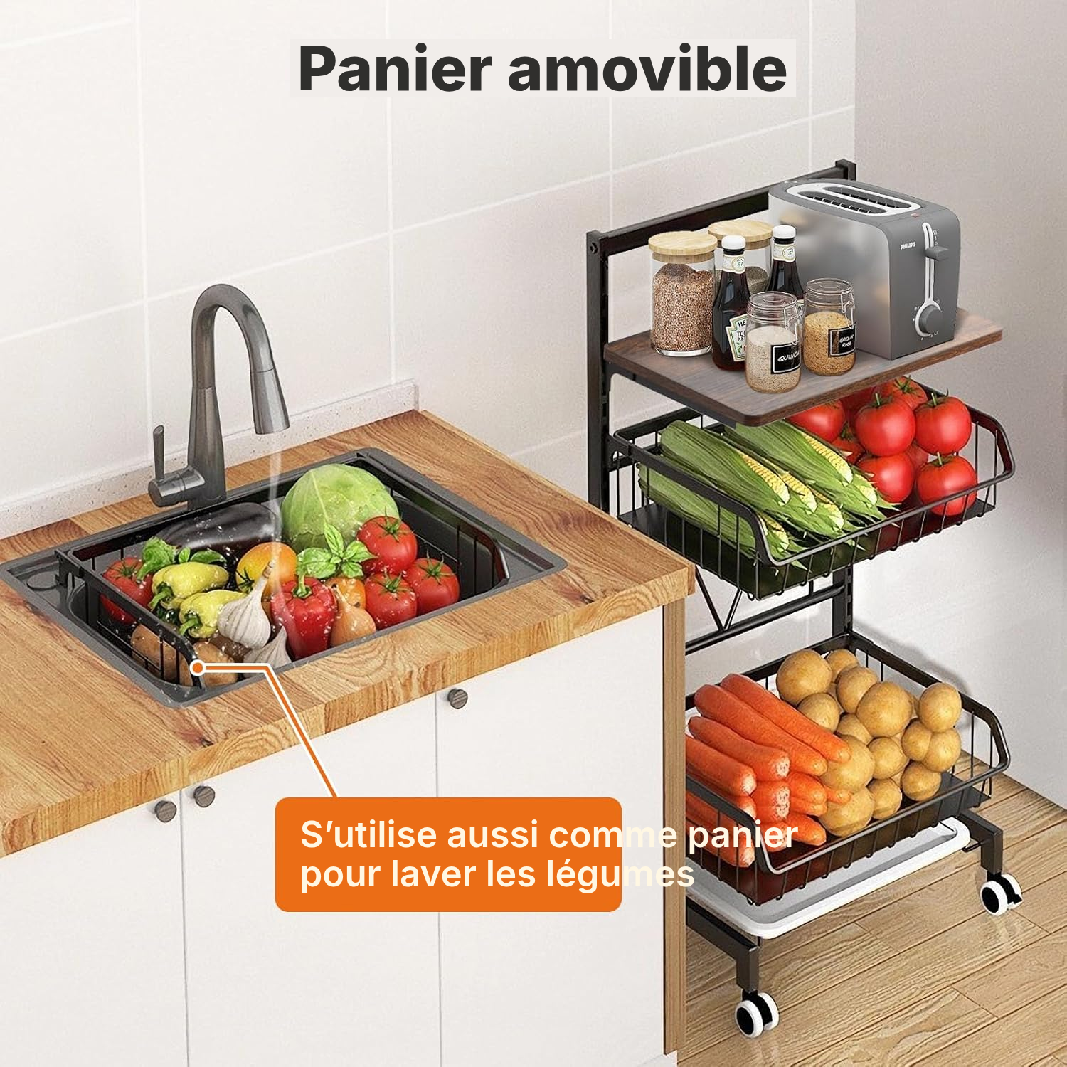 Cuisine desserte – 3 paniers, planche bois vintage — 3