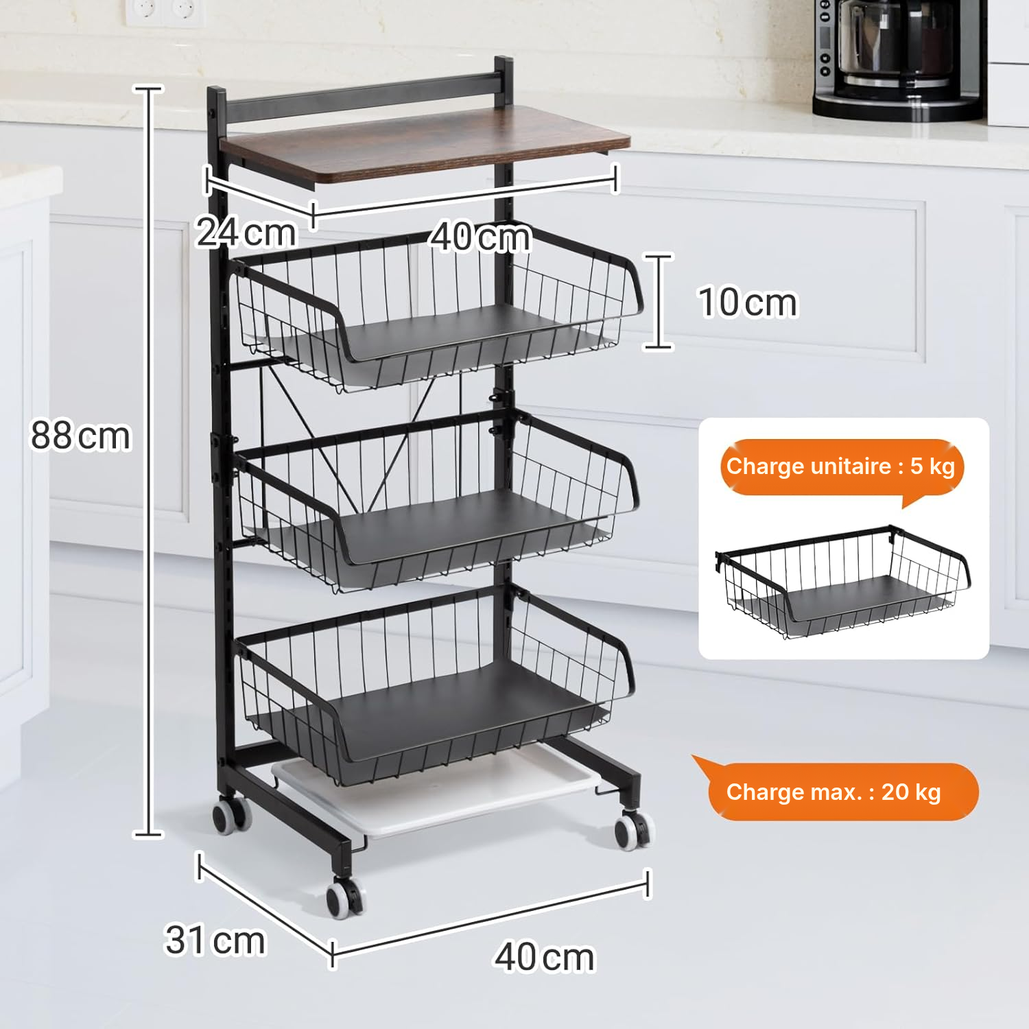 Cuisine desserte – 3 paniers, planche bois vintage — 5