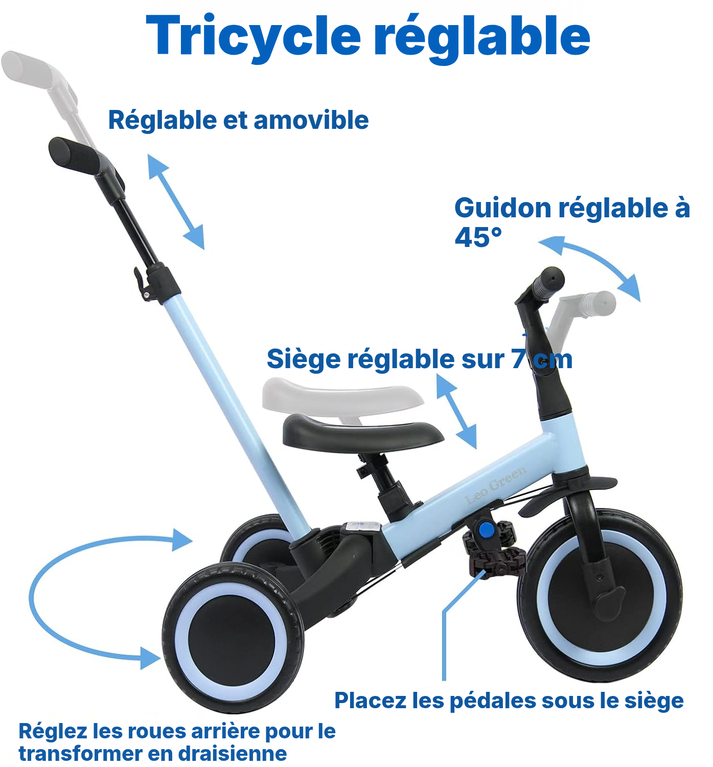 Tricycle évolutif bleu — 4 modes, 1 à 3 ans — 3