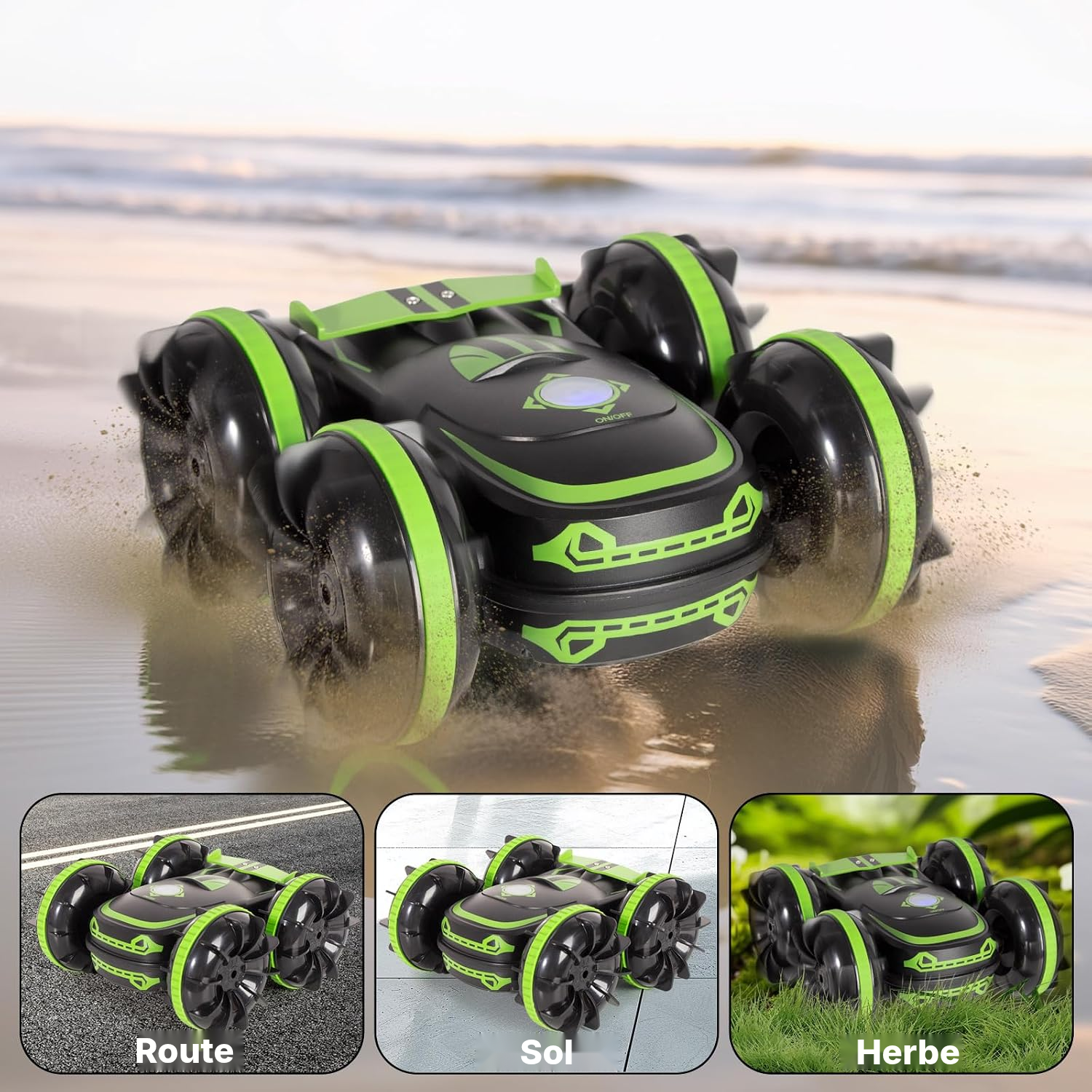 Voiture télécommandée amphibie double verte — 360° — 5