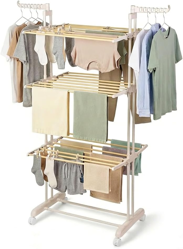 Étendoir à linge pliable 3 niveaux sur roulettes