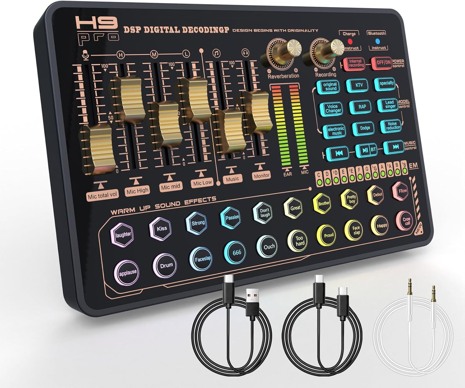 Table de mixage noire Bluetooth 5.0 avec carte son