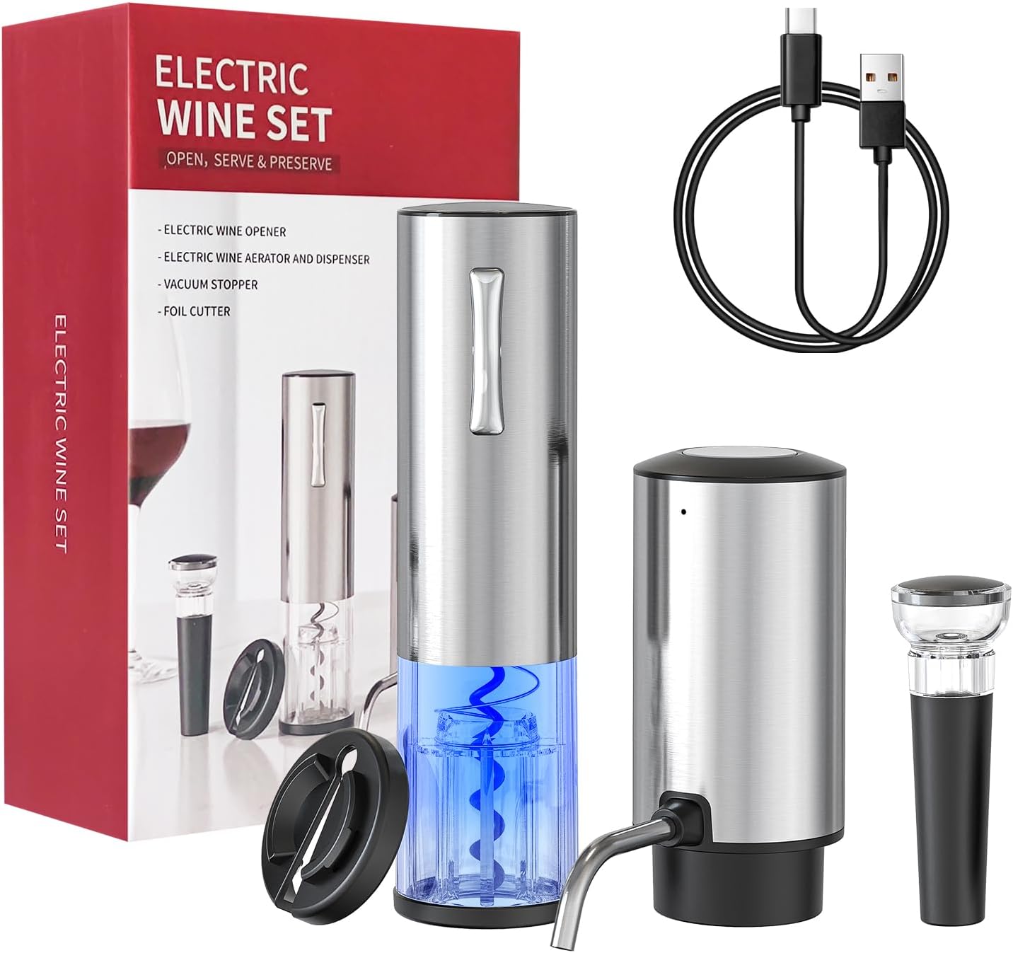 Coffret tire-bouchon électrique 4-en-1 rechargeable